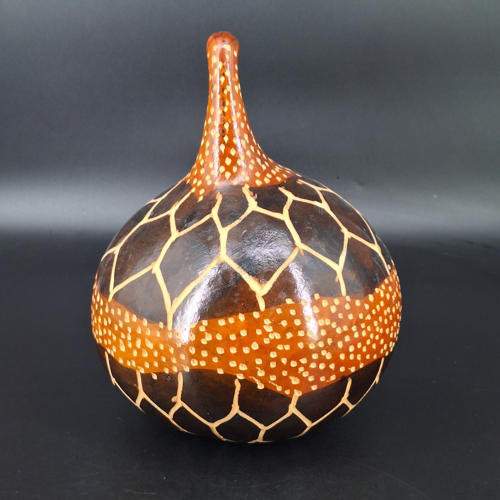 Decorated Gourd Dark Brown Design Fall Color PreOwned 10.25″ Tall 26″Diameter