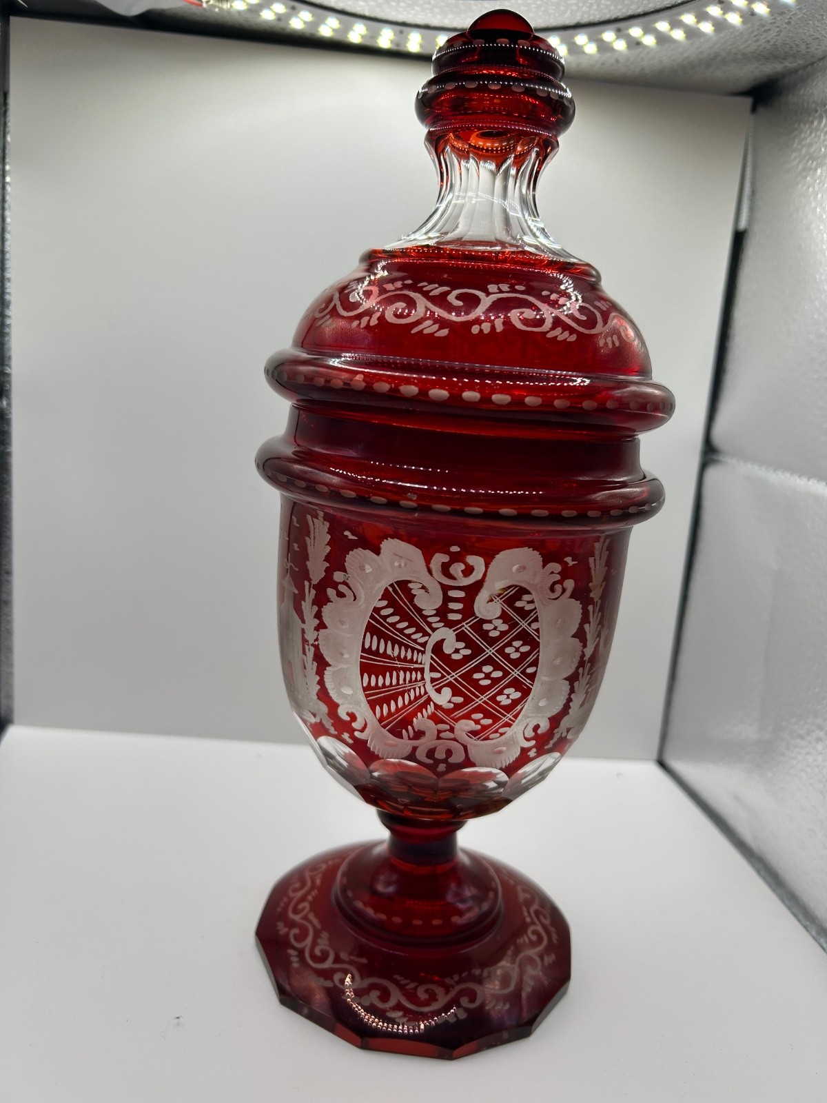 Antique Bohemian Ruby Red To Clear Crystal Goblet/candy urn & Lid 11”