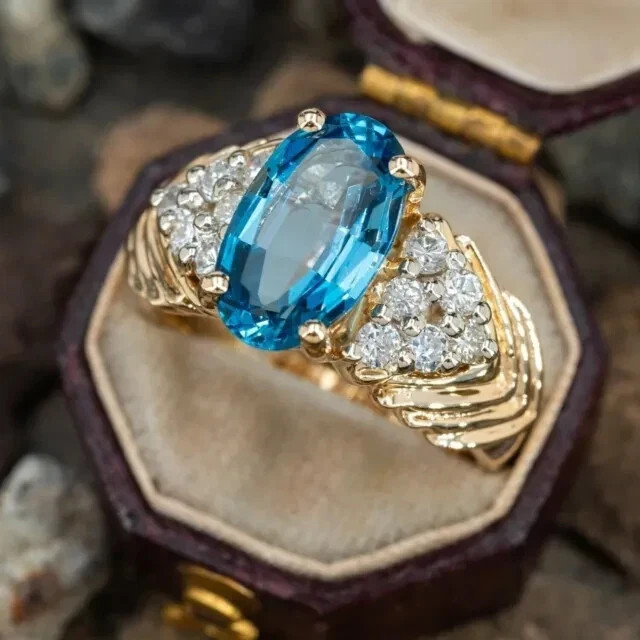 2Ct Oval Lab Created Blue Diamond Band Wedding Ring 14k Yellow Gold Plated
