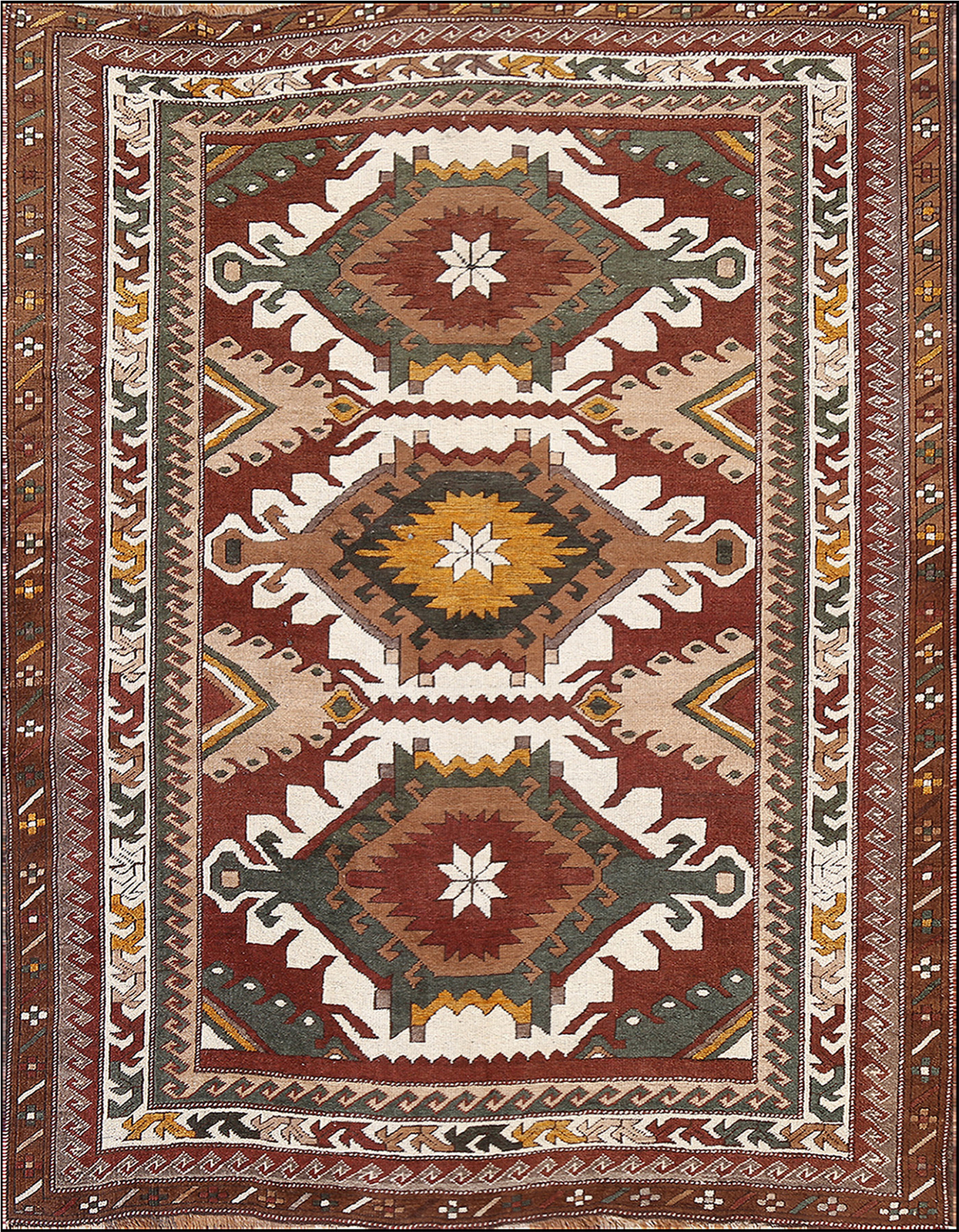 Vintage Ivory Natural Dye Geometric Anatolian Oriental Area Rug 6×7 ft Handmade