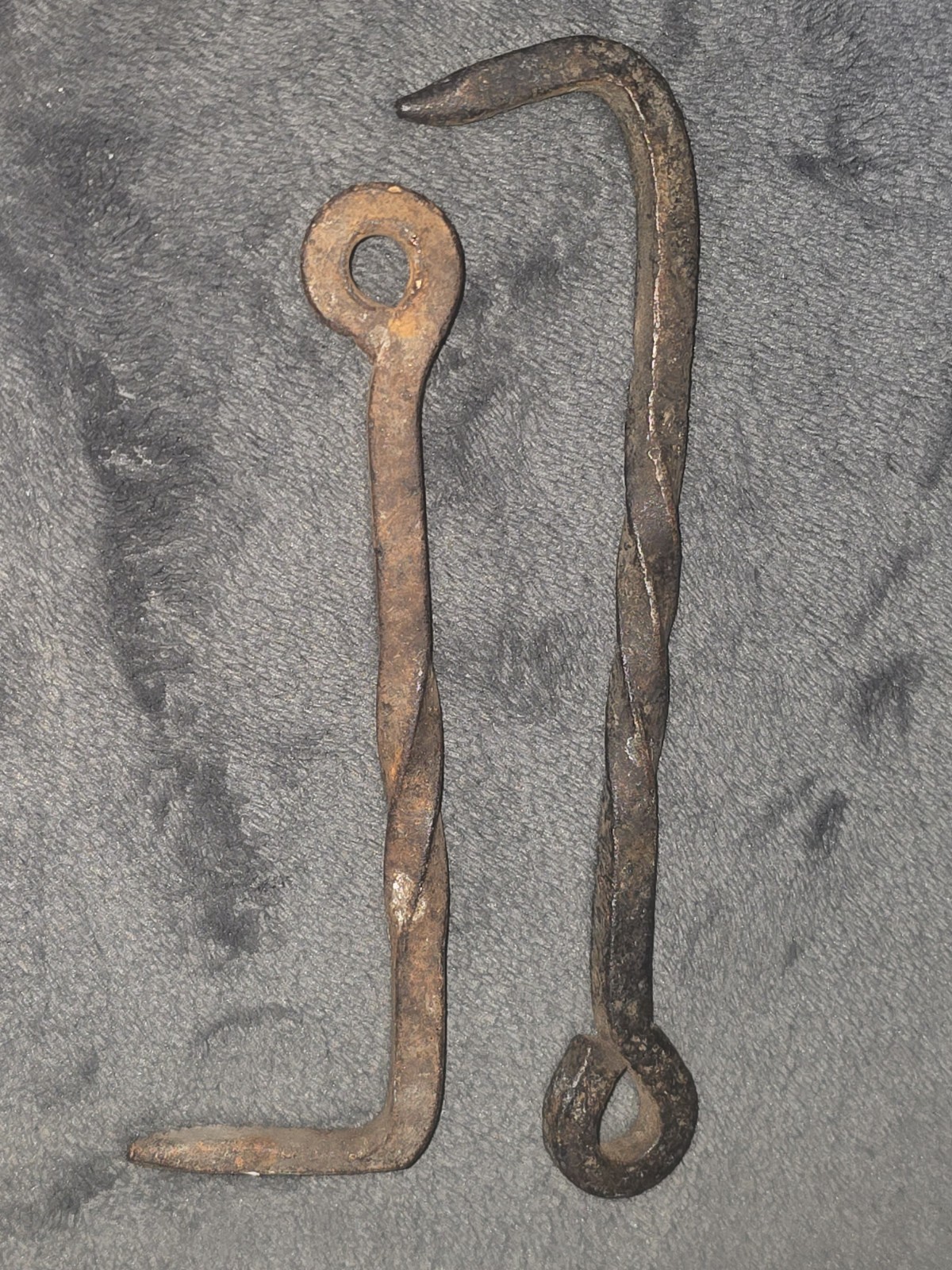 2 Antique Hand Forged Wrought Iron Twisted Barn Door Gate Hooks 6″ and 5″ long