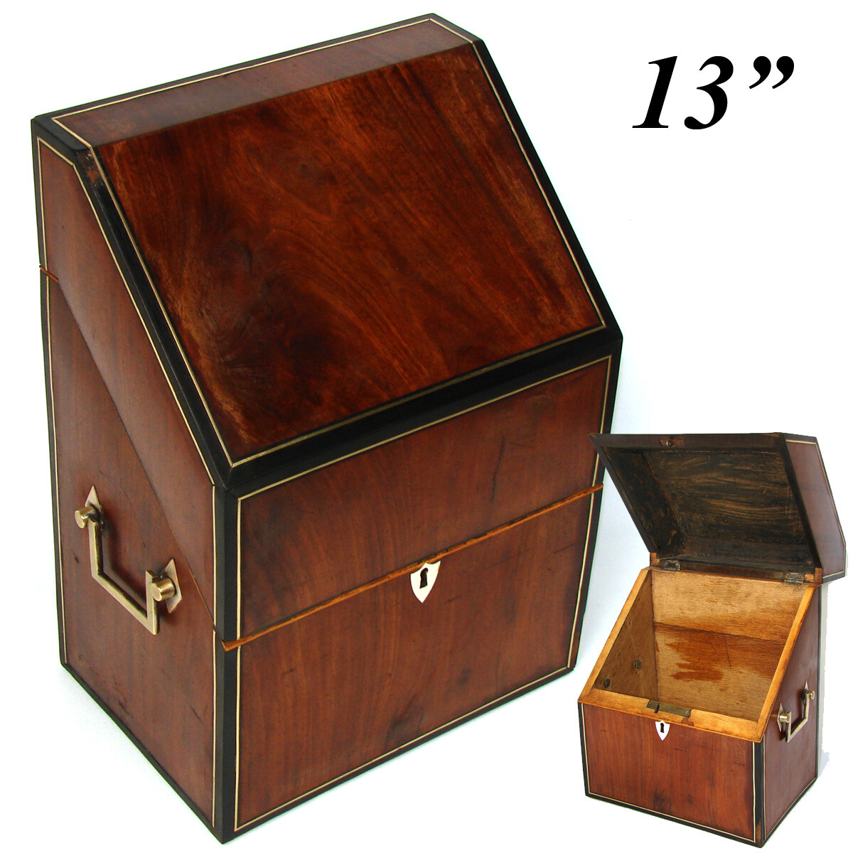 Antique Georgian – Victorian Cutlery Box, Chest, Walnut & Ebony with Brass Inlay