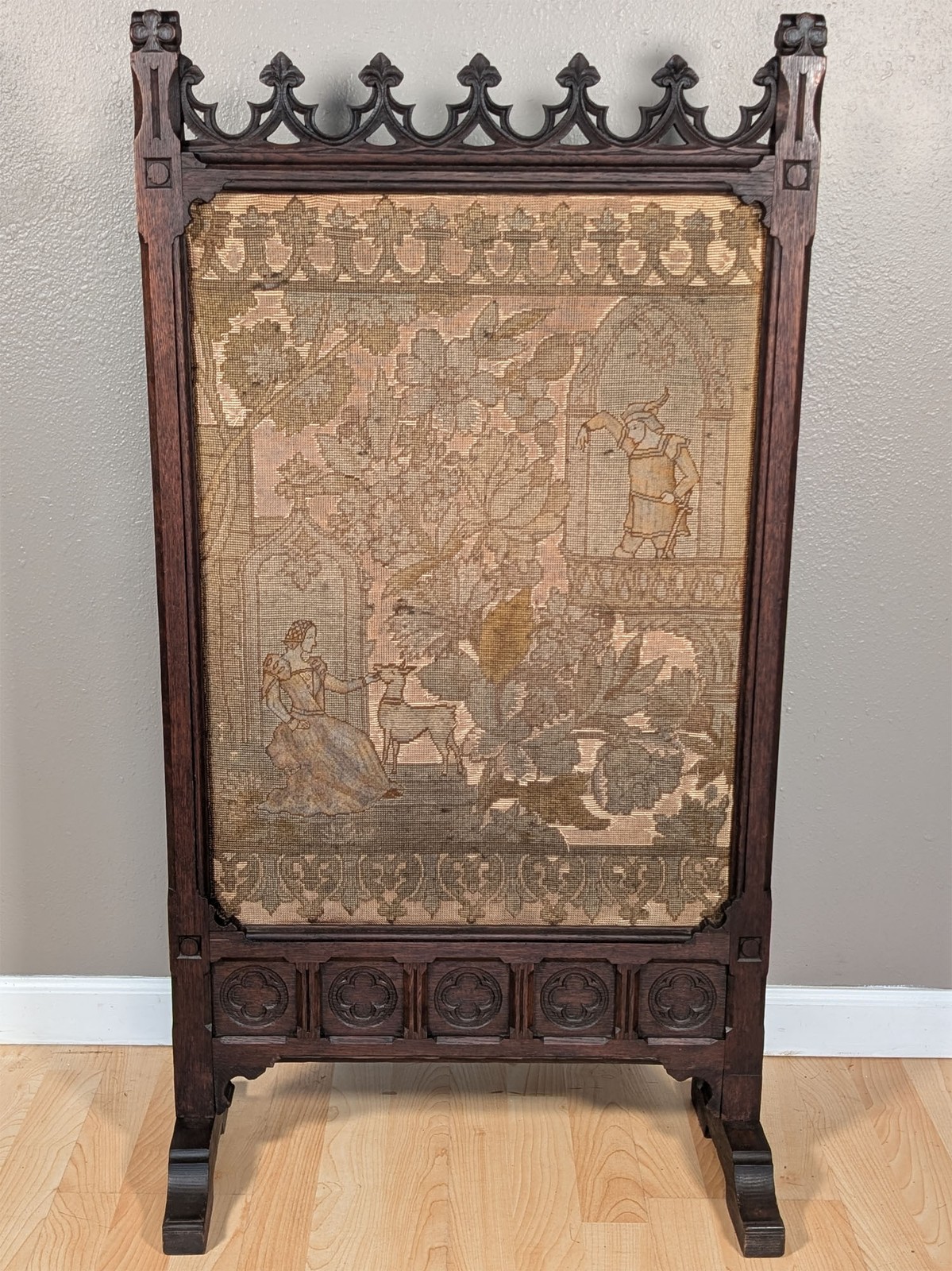 Antique French Gothic Oak Firescreen with Needlepoint Tapestry, 1800s