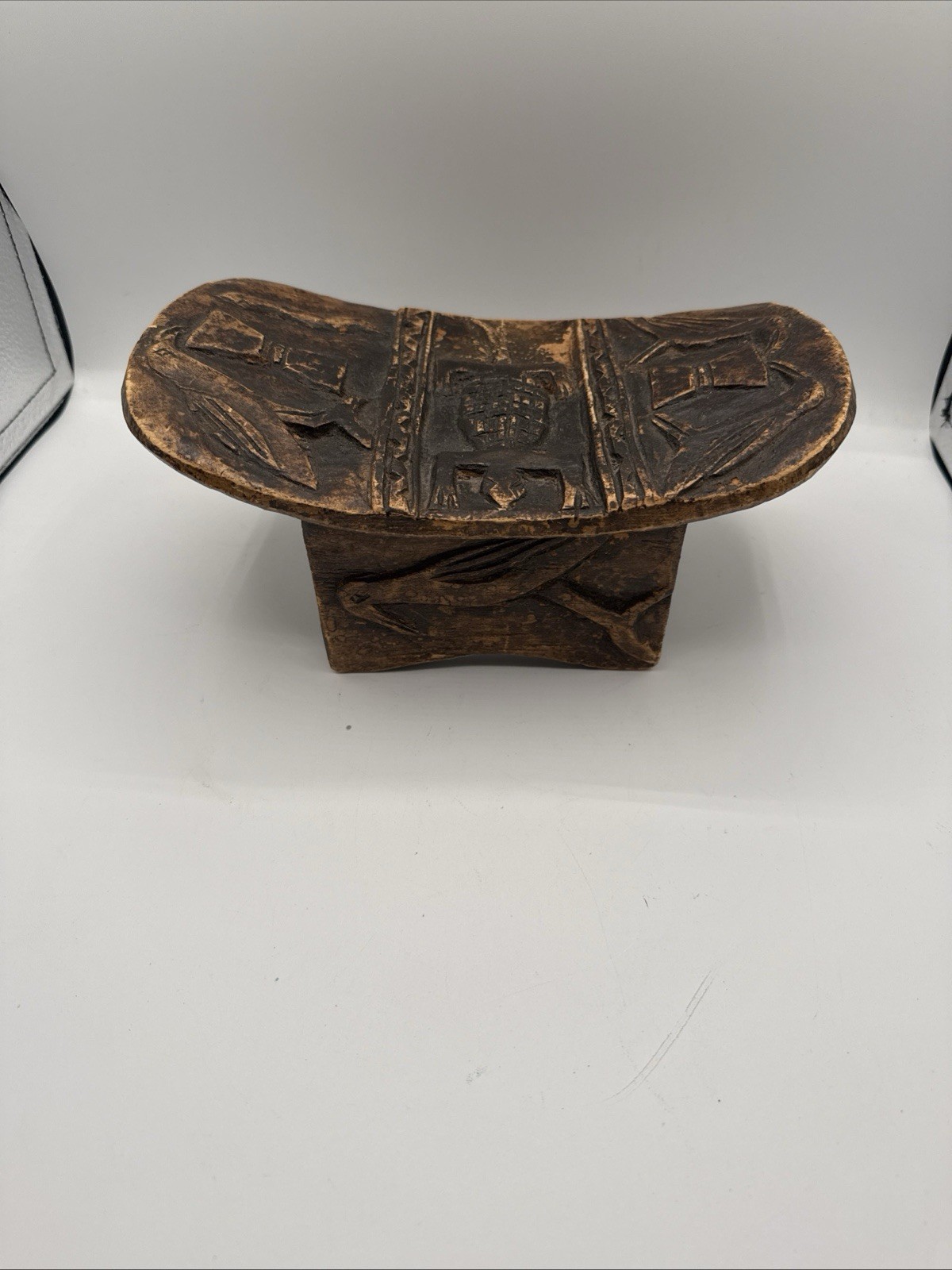 Vintage Headrest Stool Carved Wood Patterns Of Animals