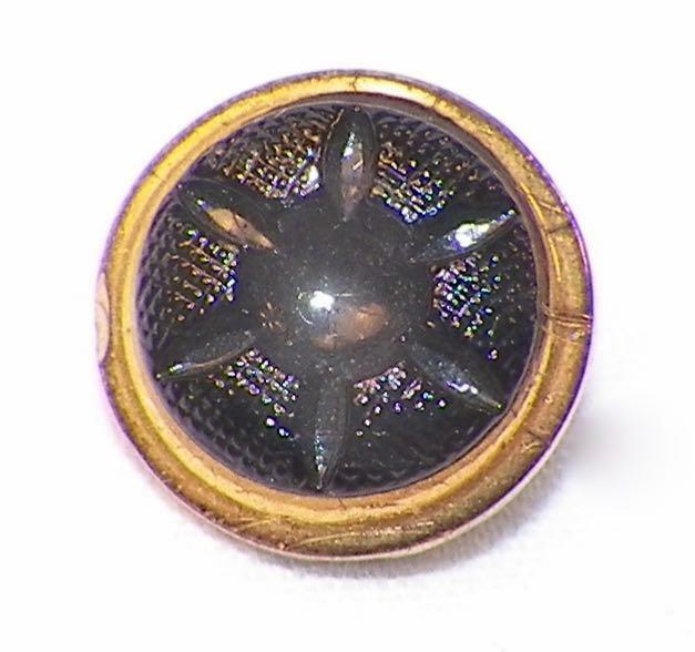 Antique Black Glass Button Star Embossed Gold Rim Self Shank Victorian Small #46