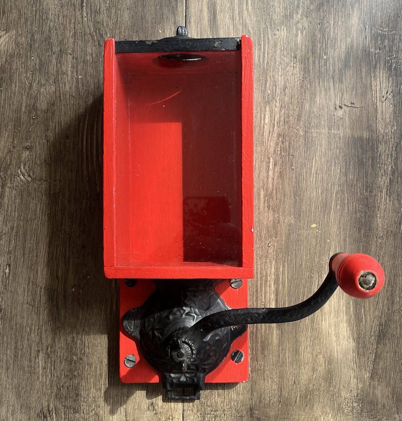 Antique VTG Wood & Cast Iron Wall Mount Coffee Bean Grinder Red X-Ray