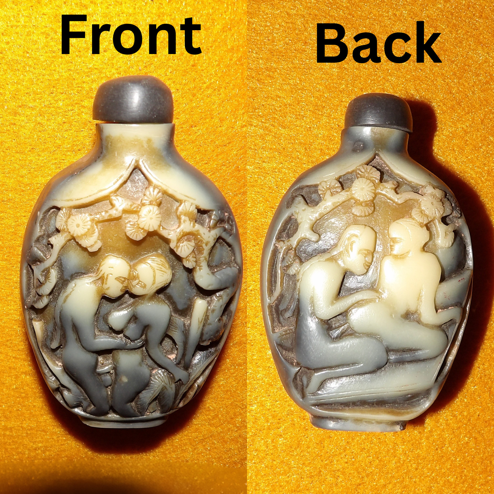 Vintage Erotic Chinese Soapstone Snuff Bottle w/two Carved Dimensional Scenes