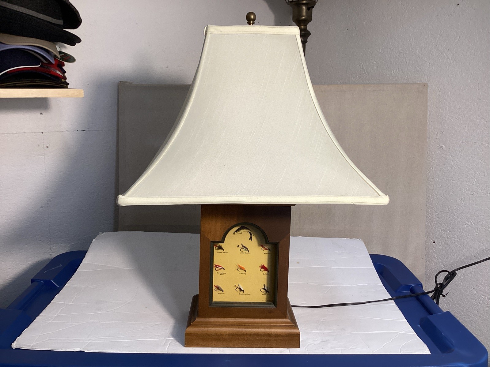 vtg LL bean table lamp fishing lures hooks trout fly fishing (RARE) 23.5”x8.5”