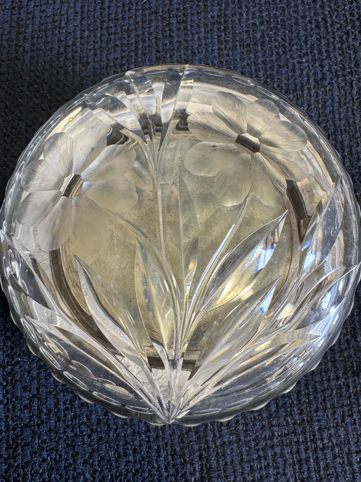 Antique Brilliant Cut Crystal Vanity Jar with Original Satin Cushion & Mirror