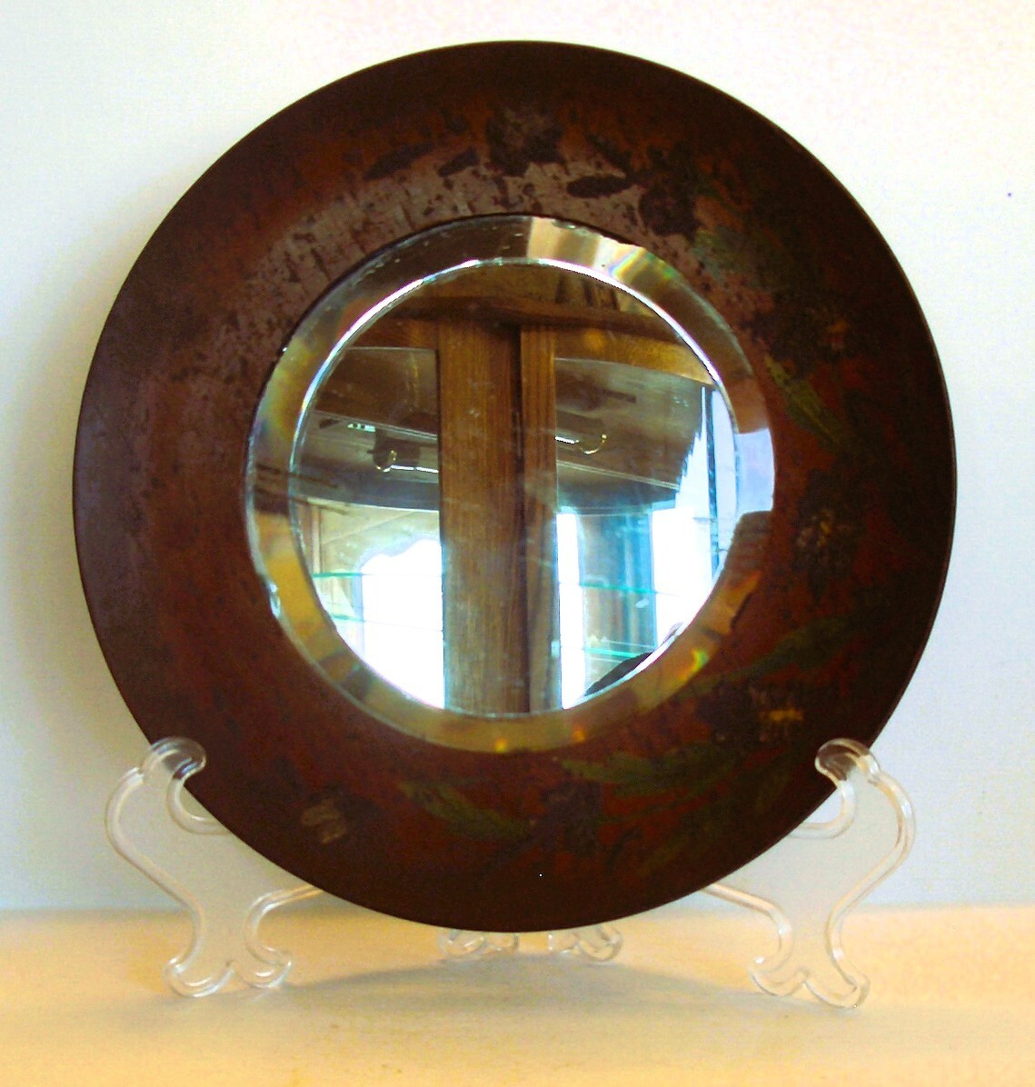 Ant/Vtg Mexican Folk Art? HandPainted Floral Wood Rim Beveled Mirror Wall Hanger