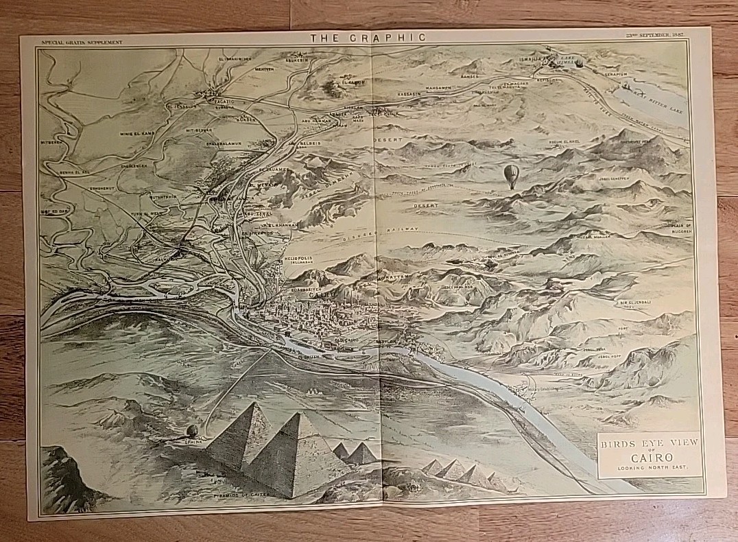 1882 Maclure and Macdonald Bird’s-Eye View Map of Cairo Egypt The Graphic