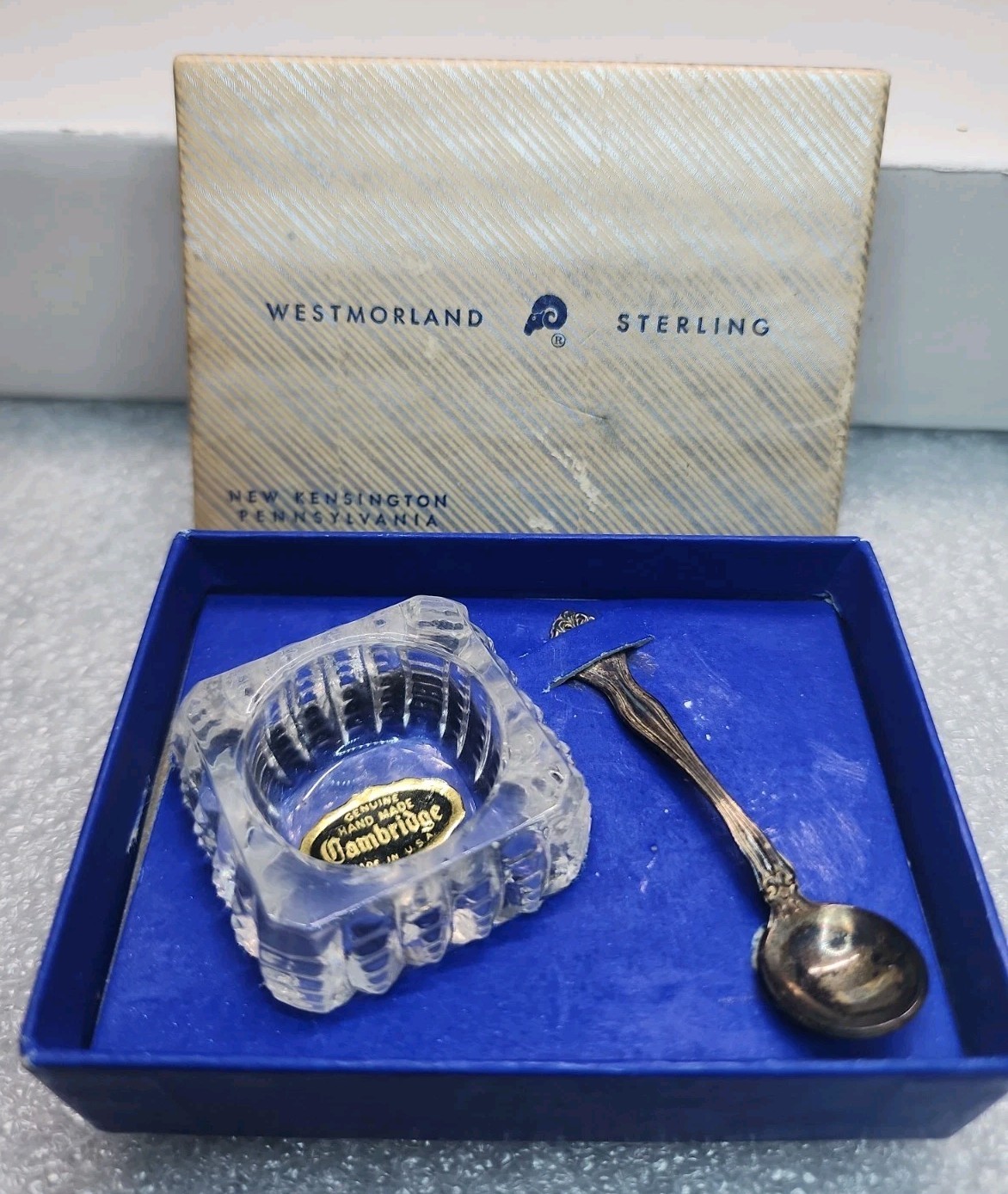 Westmorland Sterling Silver George & Martha Salt Cellar W/Spoon Cambridge Glass