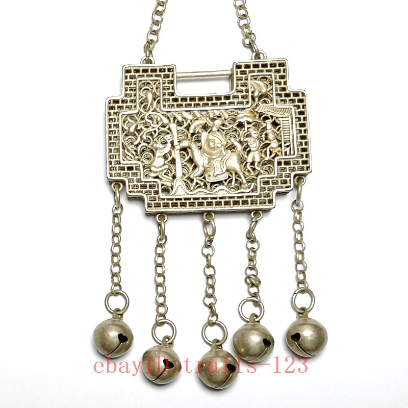 2.4 Inch Old Chinese Tibet Silver Carving Landscape People Necklace Pendant Gift