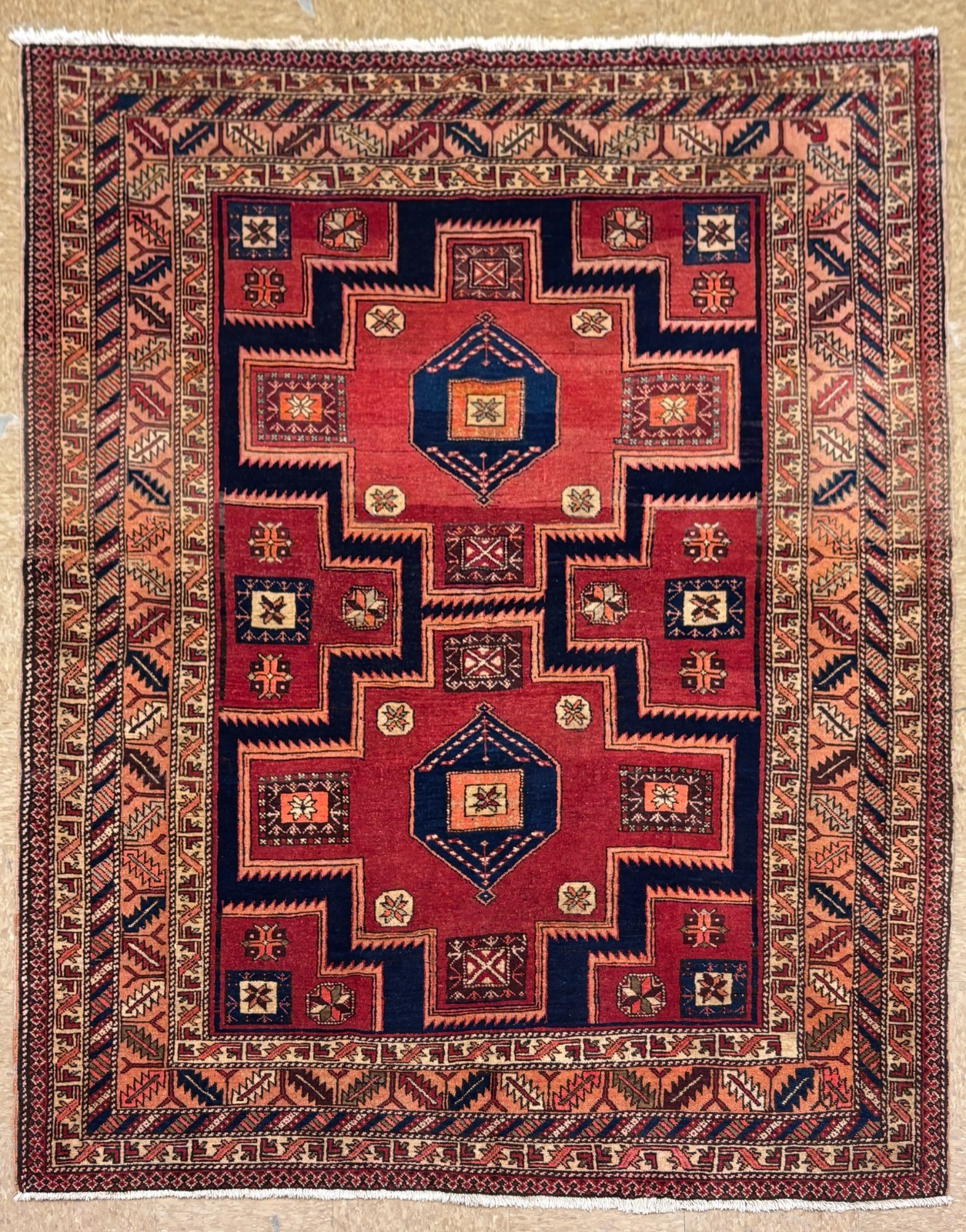 Vintage Hand Knotted Wool Area Rug 5×8 Red Tribal Geometric Ardebil Oriental