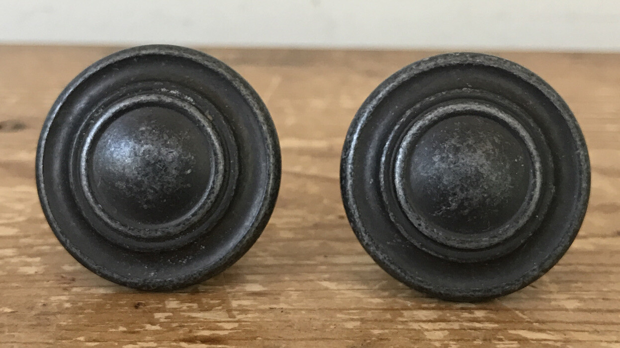 Set Pair 2 Vtg Antique Style Dark Gray Pewter Round Drawer Knobs Handles Pulls