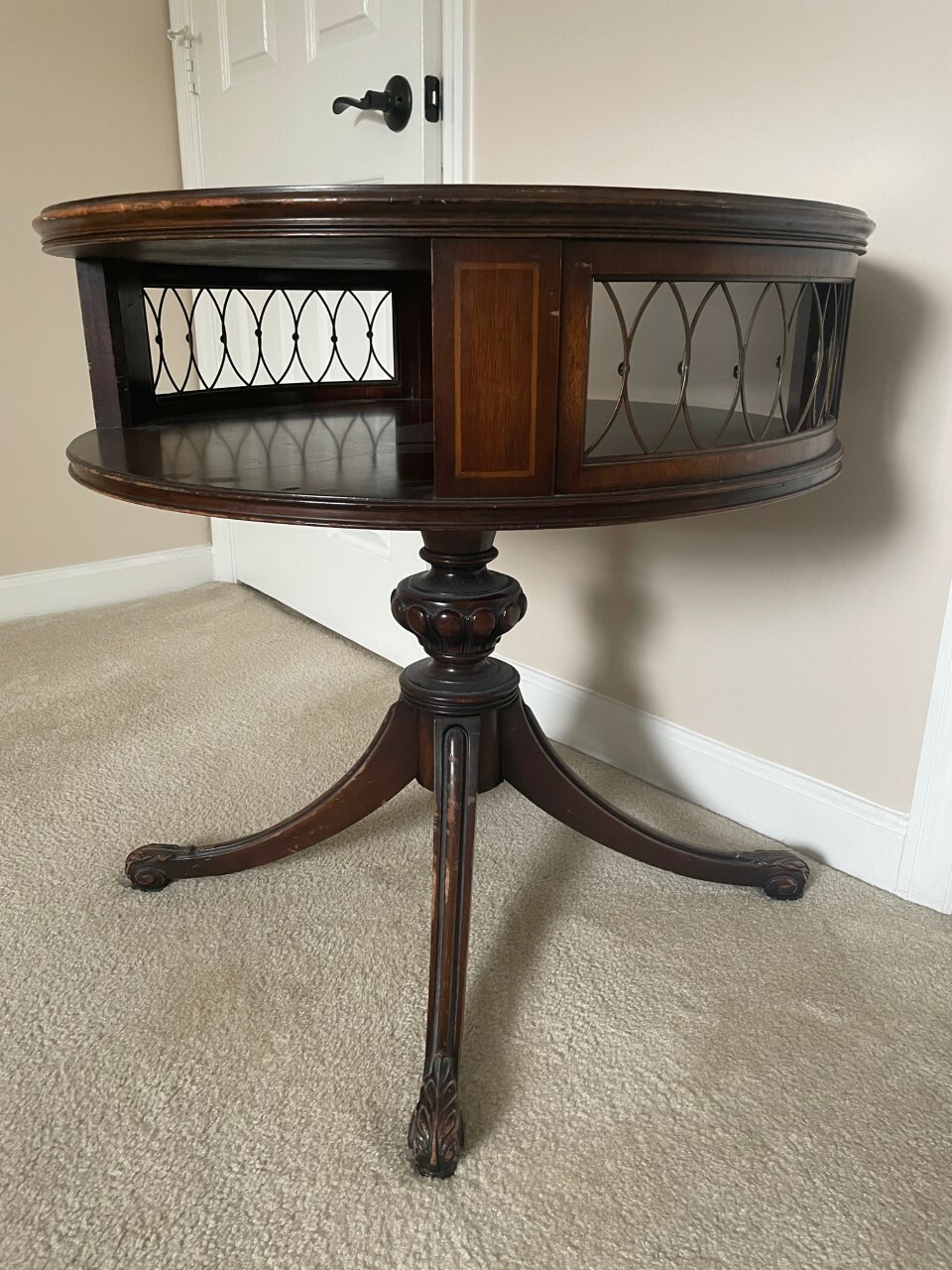 Weiman, Inlaid Leather Round Drum Coffee Table 28″ Wide 28″ Tall 