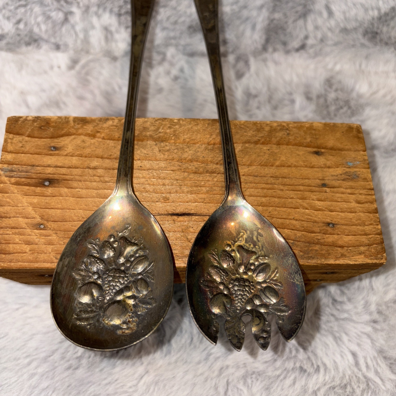 Vintage Silver Sheffield England 9inch Embossed Design Fruit Serving Spoon Set