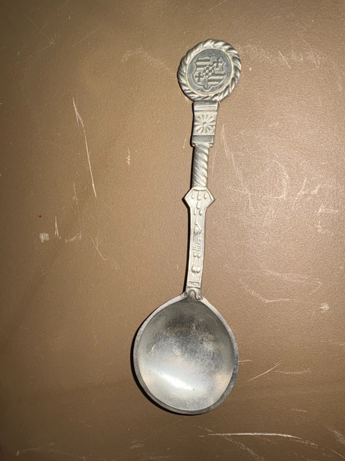 BMF Fein Zinn aus dem Hunsruck German Pewter Crested Spoon, Sticker & Stamped