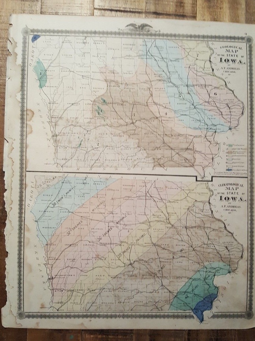 Antique – Geological & Climatological MAP OF IOWA – Andreas Atlas Co. 1875