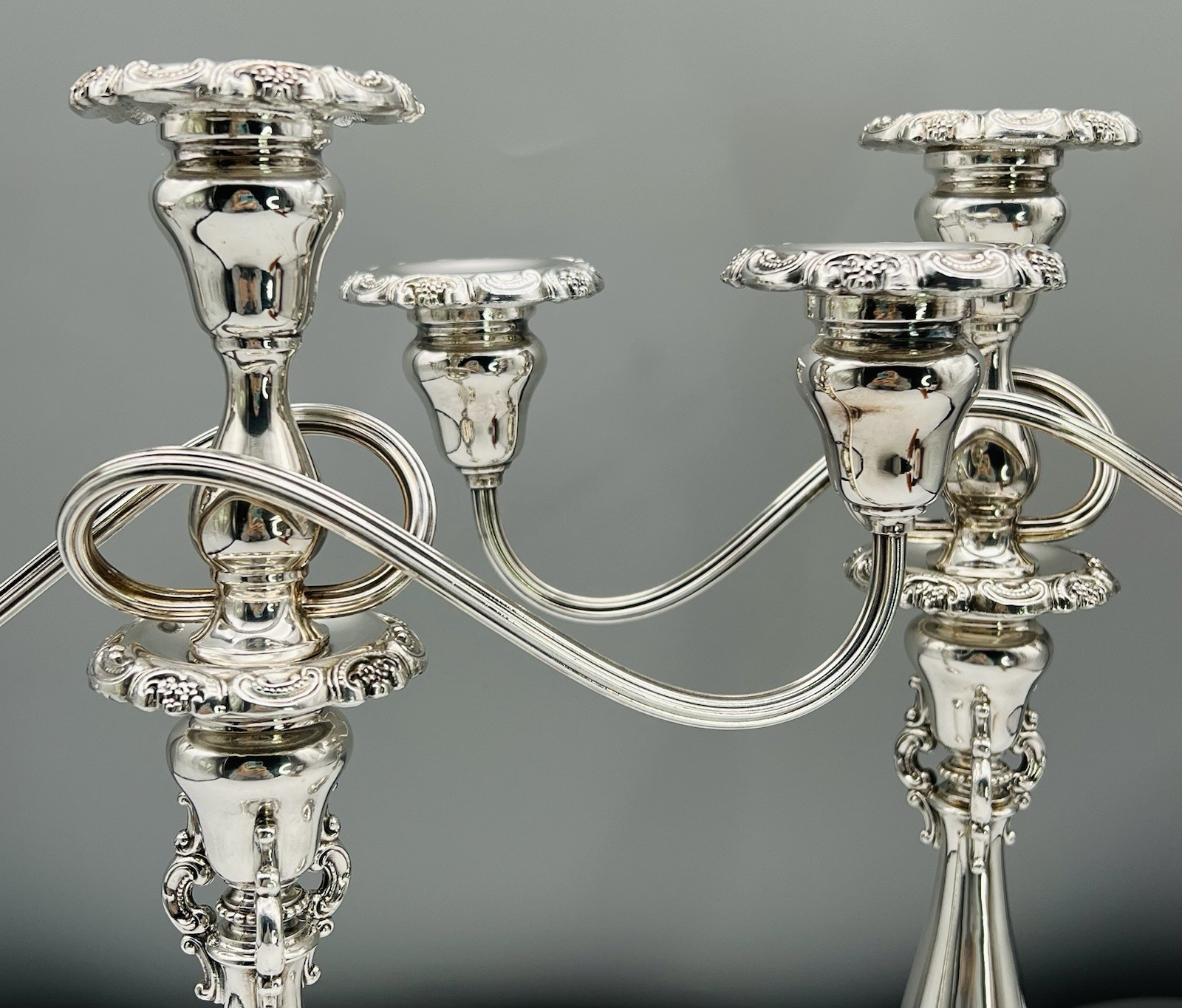 Set 2 BAROQUE 3-light Candelabra WALLACE SILVERPLATE 13″ 14″ CONVERTIBLE 5-lb Pr