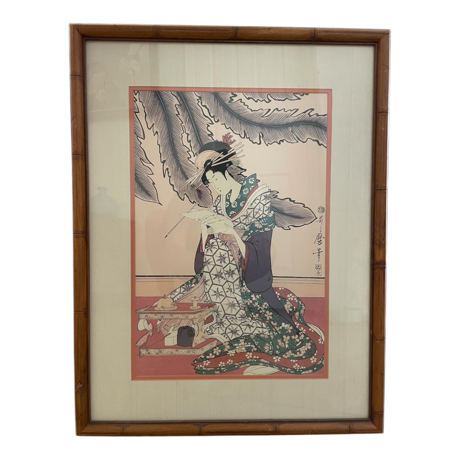 Kitagawa Utamaro Japanese Woodblock Print Woman Writing Vintage Framed 20×26″