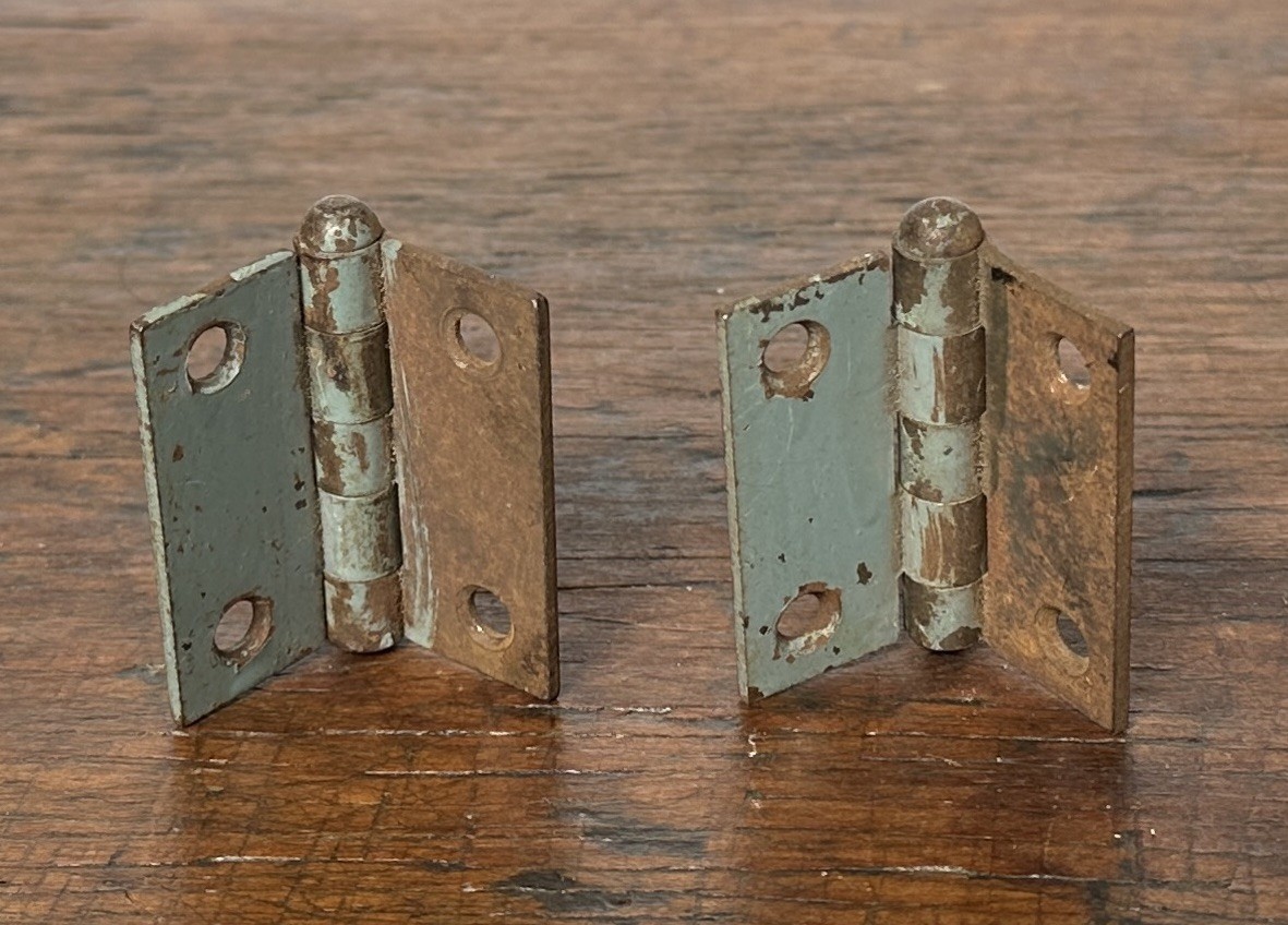 #1996–Antique TWO Medium 1800s Metal Cupboard Door Butt Hinges 2” h. Old Paint