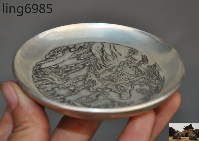 antique China dynasty Tibetan silver Kwan-yin Guan Yin Boy statue plate Dish