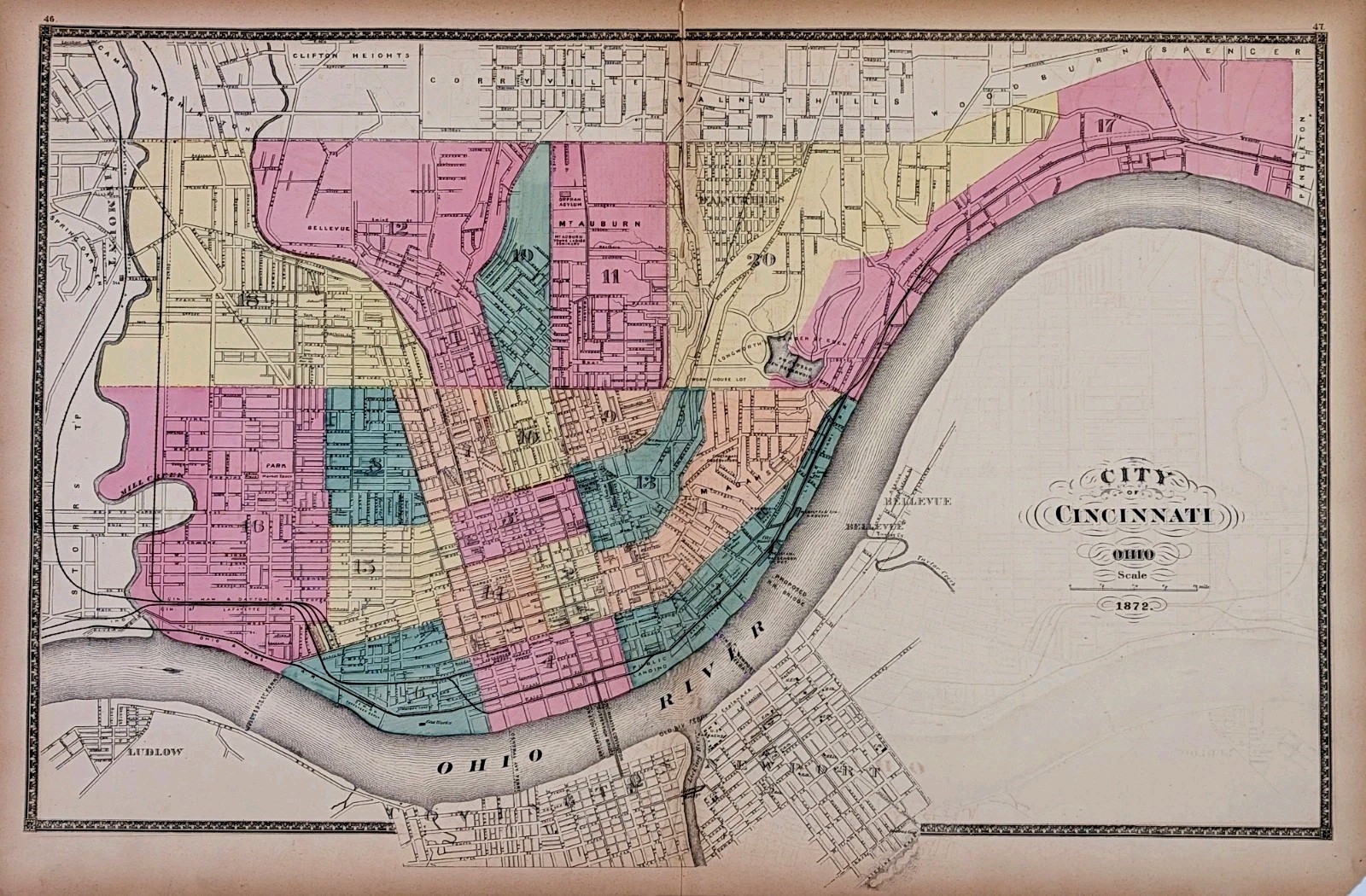 1872 Cincinnati Ohio Map ORIGINAL Wards- Railroads (24×15) ANTIQUE