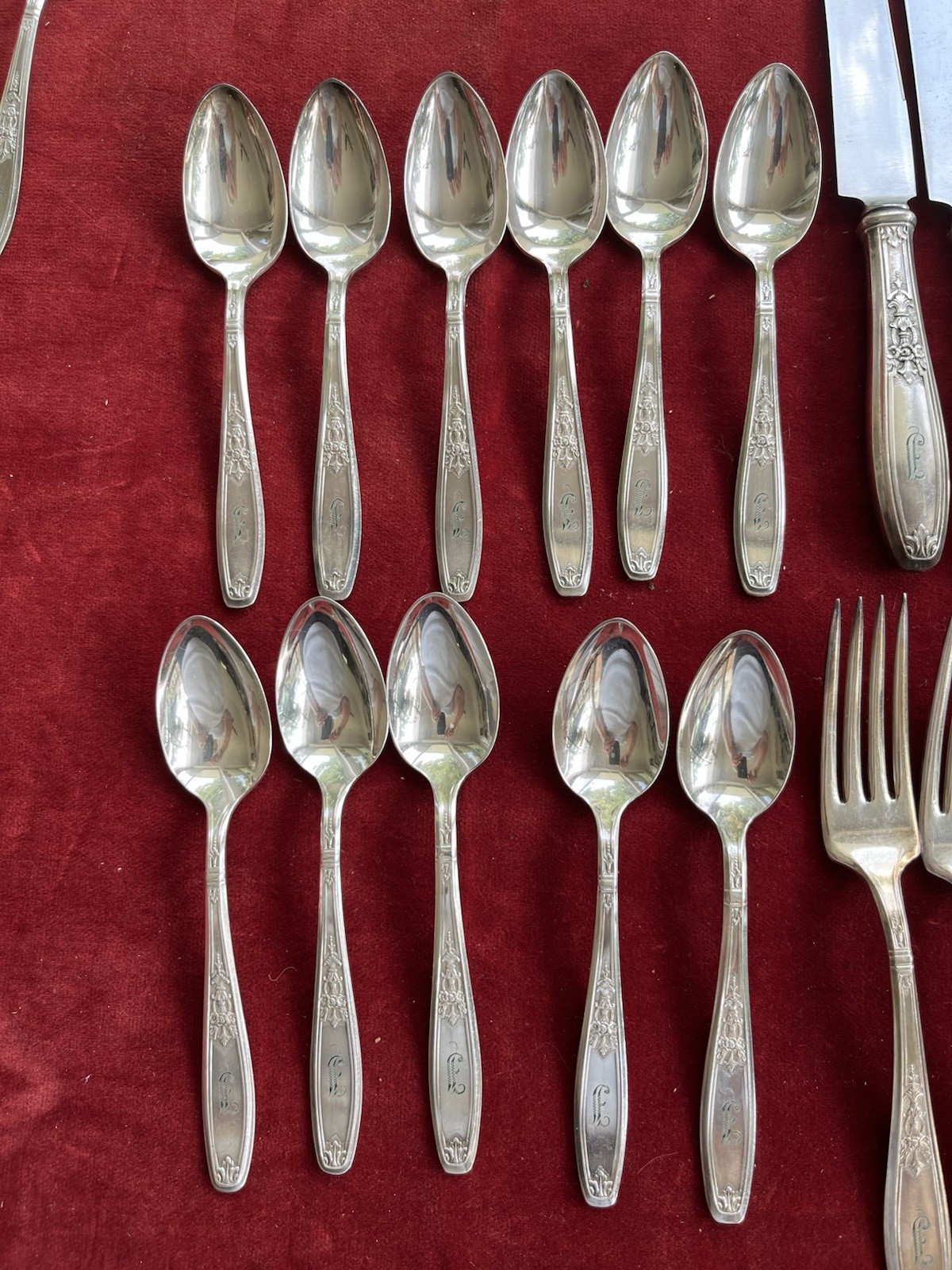 1847 Rogers AMBASSADOR Pattern Silver Plated Flatware 70 Pc. ~Monogram J