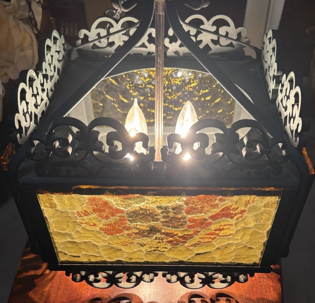 Mid century Spanish Revival / Gothic hanging Light with amber glass -works 10ft.