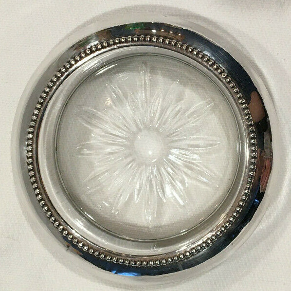 Sterling Silver Rimmed Glass Coaster Beaded Starburst Antique B I Beaded Old