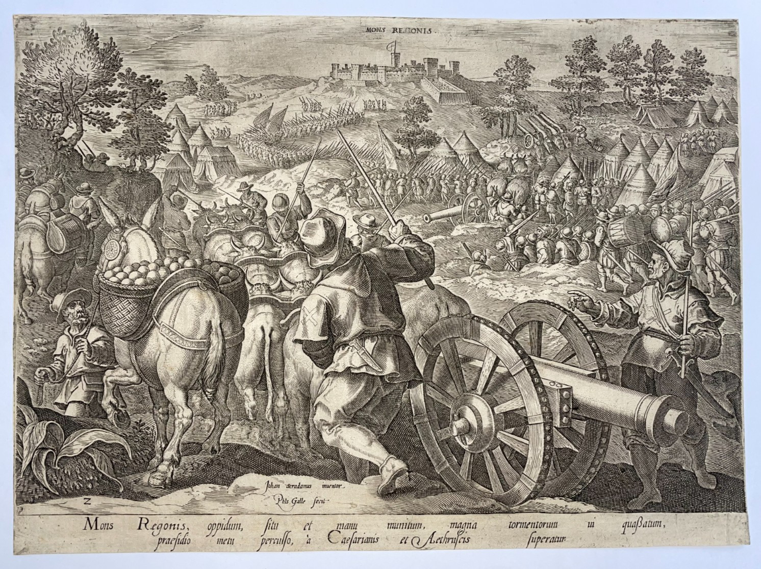 BATTLE OF MONS BELGIUM 1583 STRADANUS/P. GALLE UNUSUAL ANTIQUE VIEW 16TH CENTURY
