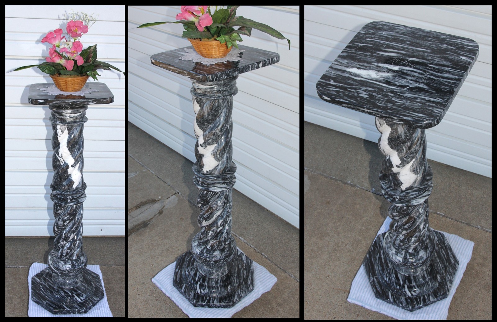 Antique Black White Solid Marble Pedestal Spiral Column 36.5″ Plant Stand Table