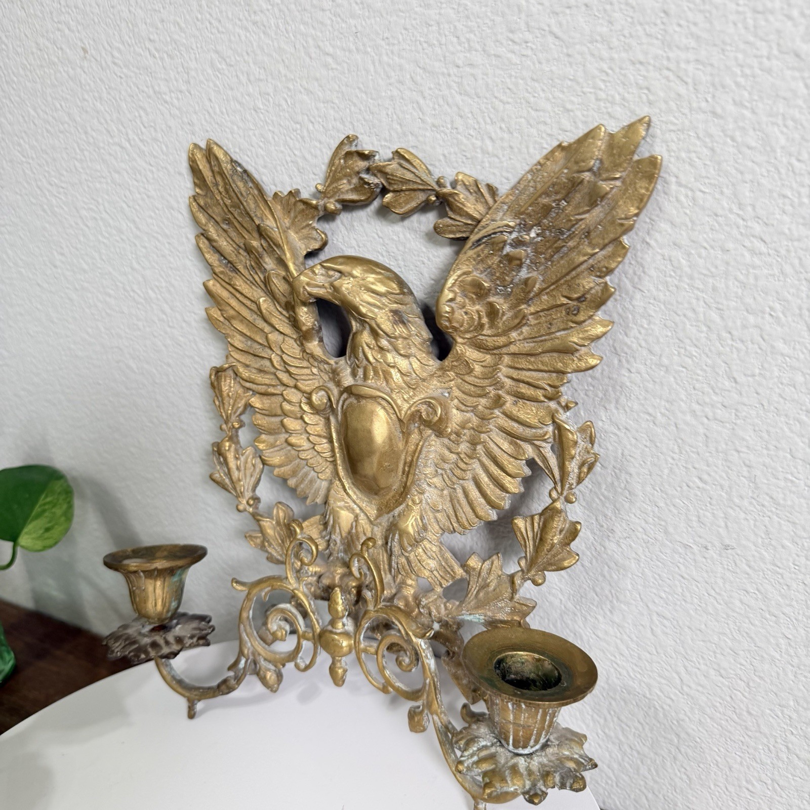 Vintage Brass American Eagle Wall Sconce, Double Candlestick Holder,