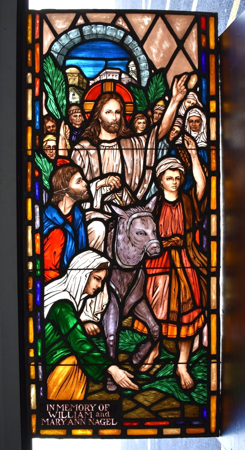 + Stained Glass Church Window, Jesus with Donkey, 49 3/4″ x 22 3/4″ (FPR25)