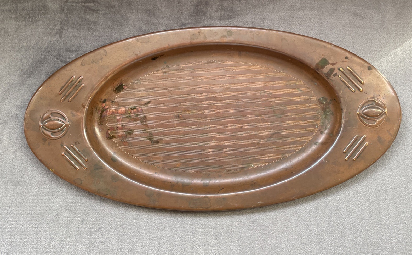 Antique Arts & Crafts Art Nouveau copper Tin Oval Tray Small 28cmx14cm