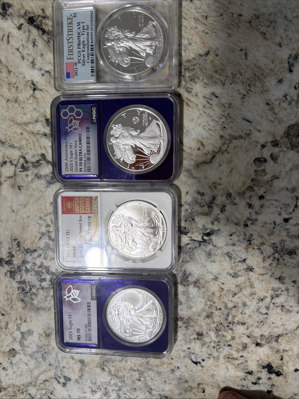 4 Silver Eagles 2021-W Type 1 PCGS PR69DCAM, 2025 PF70 Ultra Cam 1996, 69,25’ 70