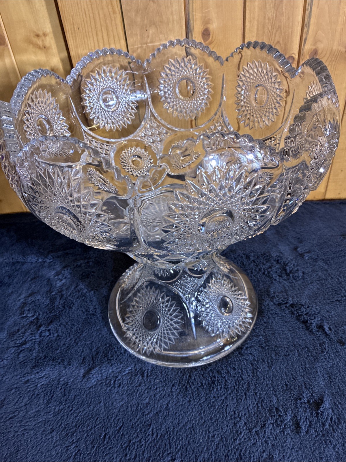 Heisey Glass Beaded Punchbowl Sunburst With Stand Antique 1896-1913 USA