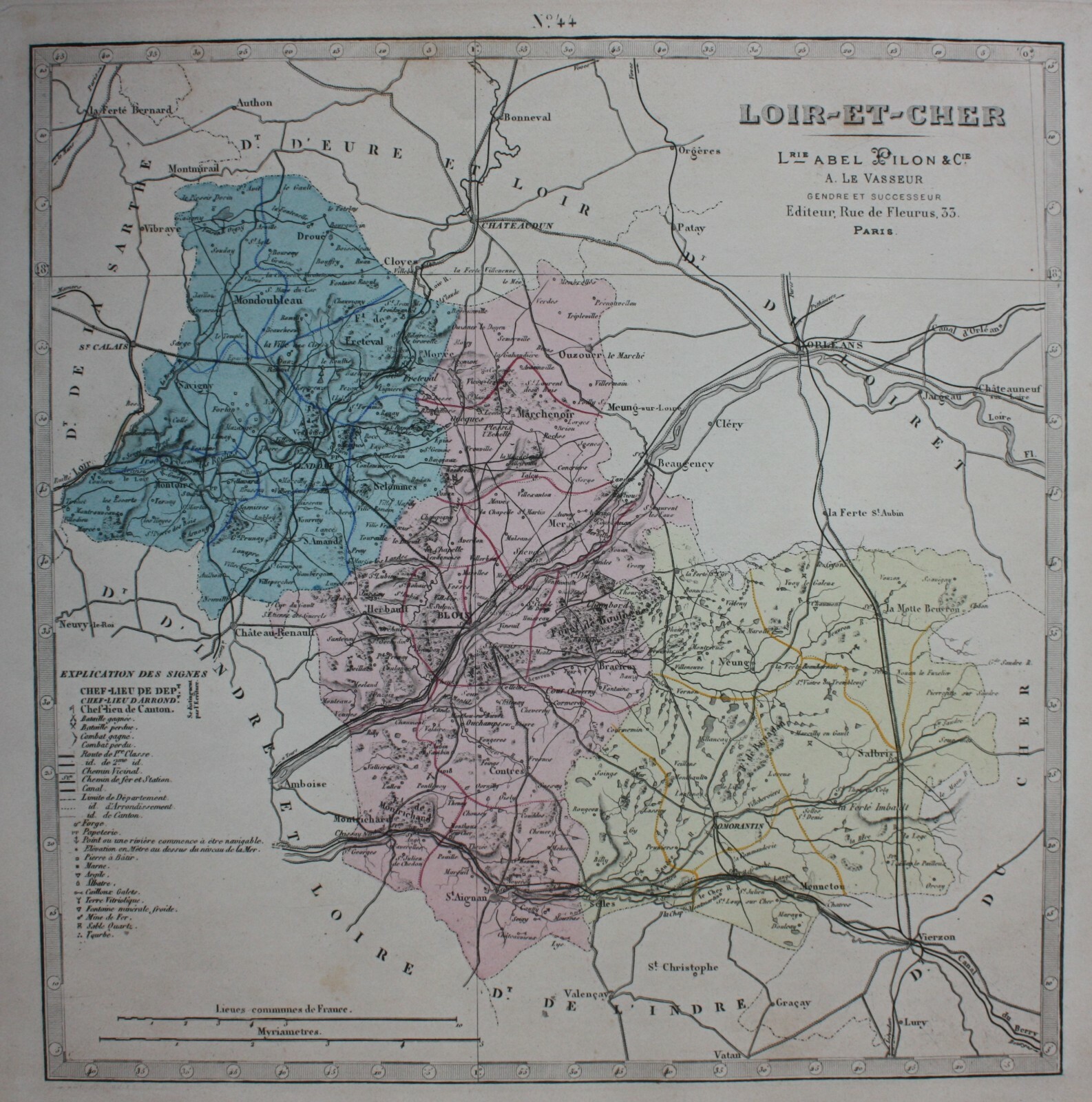 LOIR-ET-CHER, BLOIS, FRANCE, original antique map, Lorsignol, Le Vasseur, 1877