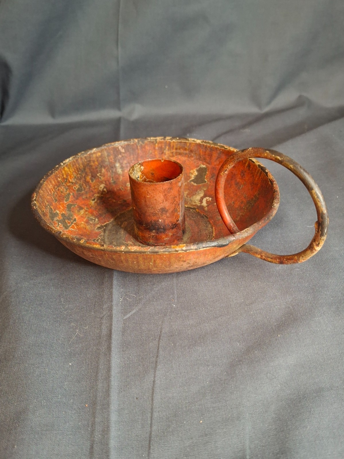 Antique 19thC Red Paint Sheet Tin Chamberstick Candle Holder Finger Loop 5.5″