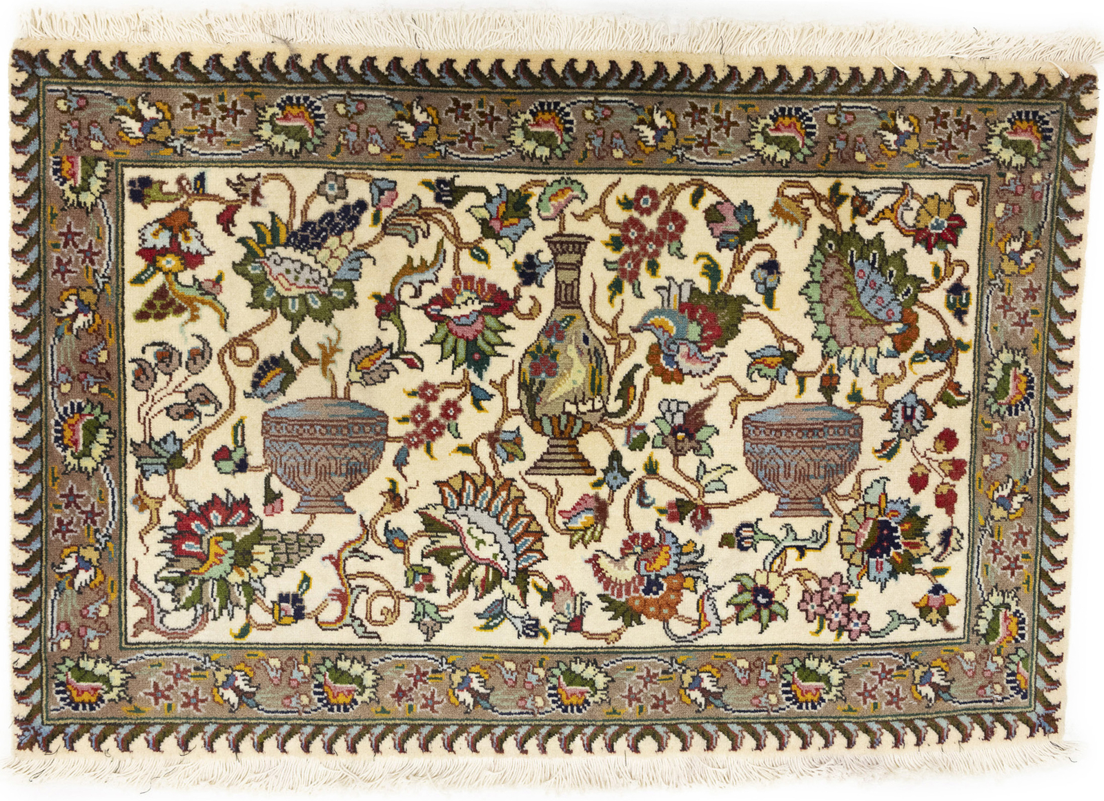 One-of-a-Kind Hand-Knotted Cream Wool Oriental Rug Floral Vintage Carpet 2X3 ft