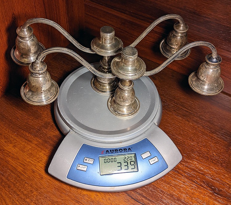 weighted STERLING SILVER SCRAP two 3 arms candlestick tops 339g