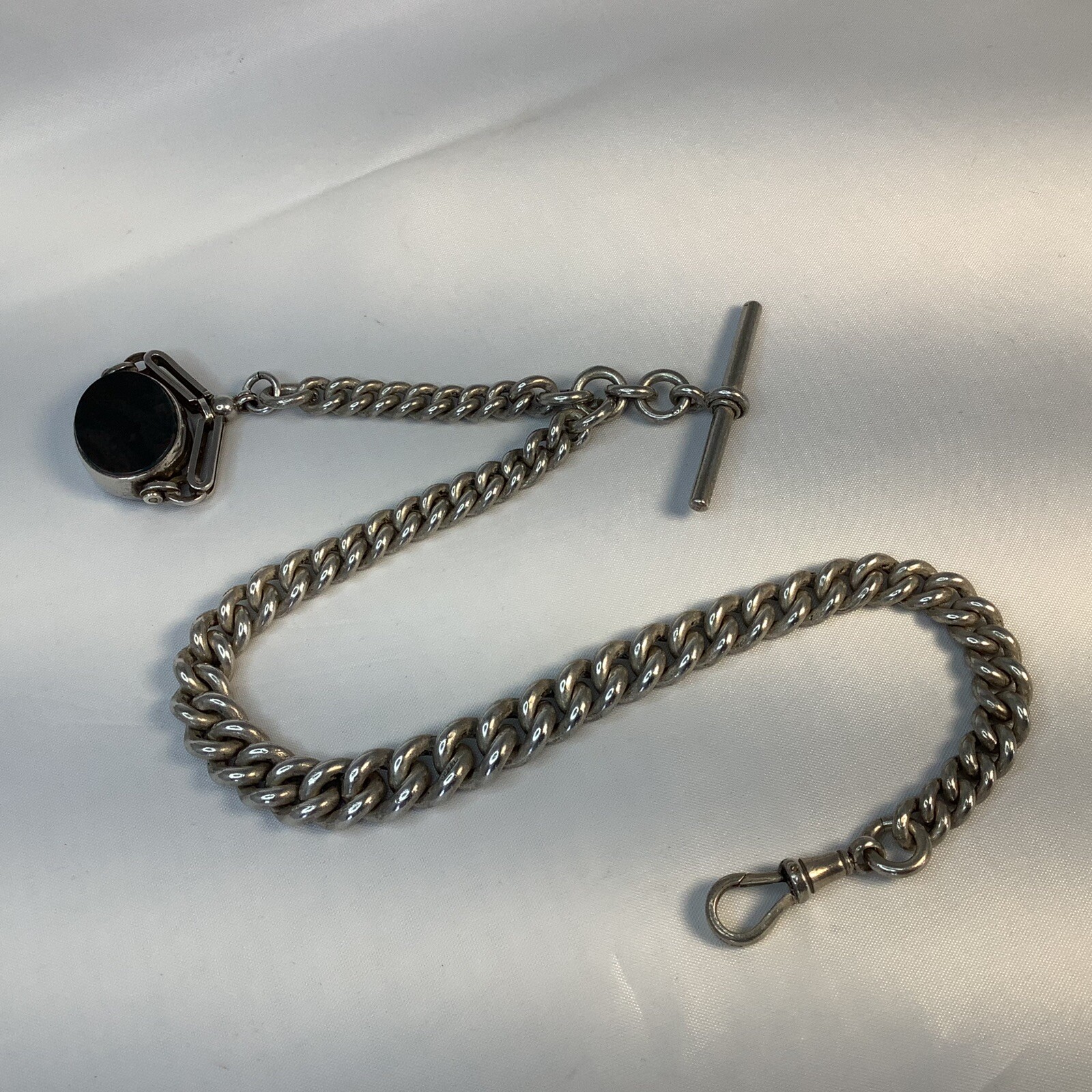 ALBERT CHAIN ANTIQUE HM SILVER SINGLE GRADUATED SWIVEL CARNELIAN/AGATE FOB 1887