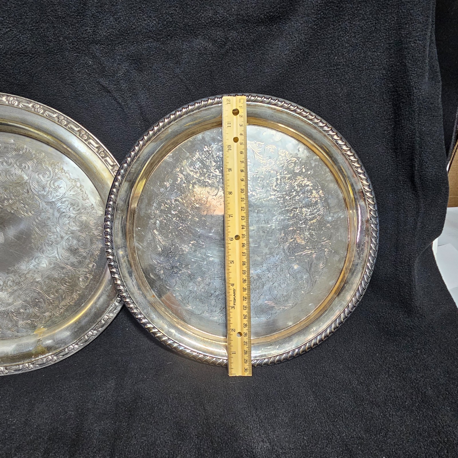 (2) Plates – International Silver Co & Oneida Silver Plated Trays 12″