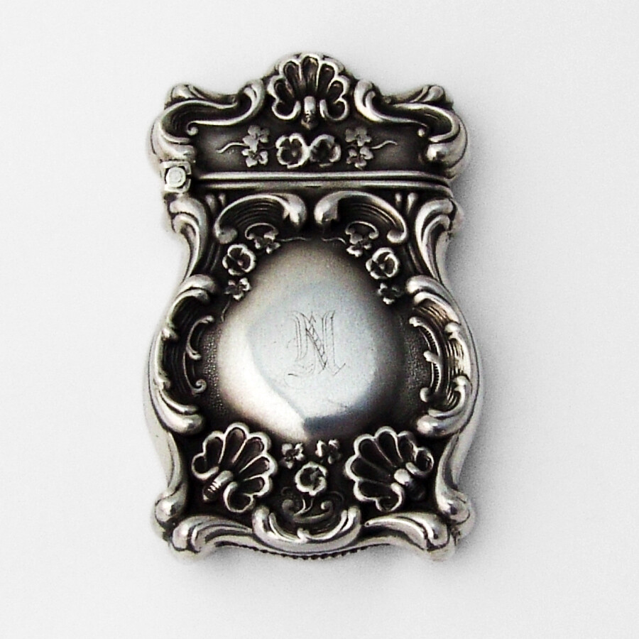 High Relief Match Safe Repousse Scroll Shell Sterling Silver 1900 Mono N