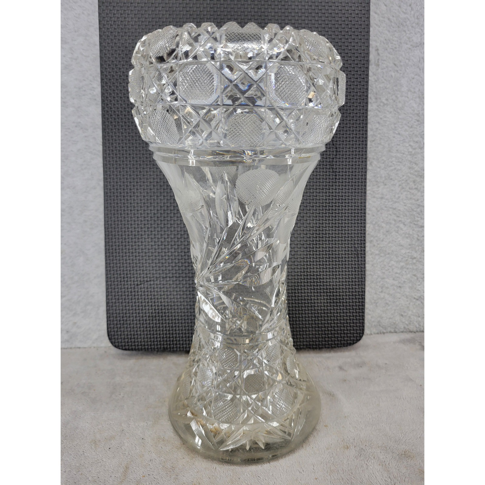 Vintage American Brilliant Period Cut Glass Crystal Trumpet Vase Floral Star 12″