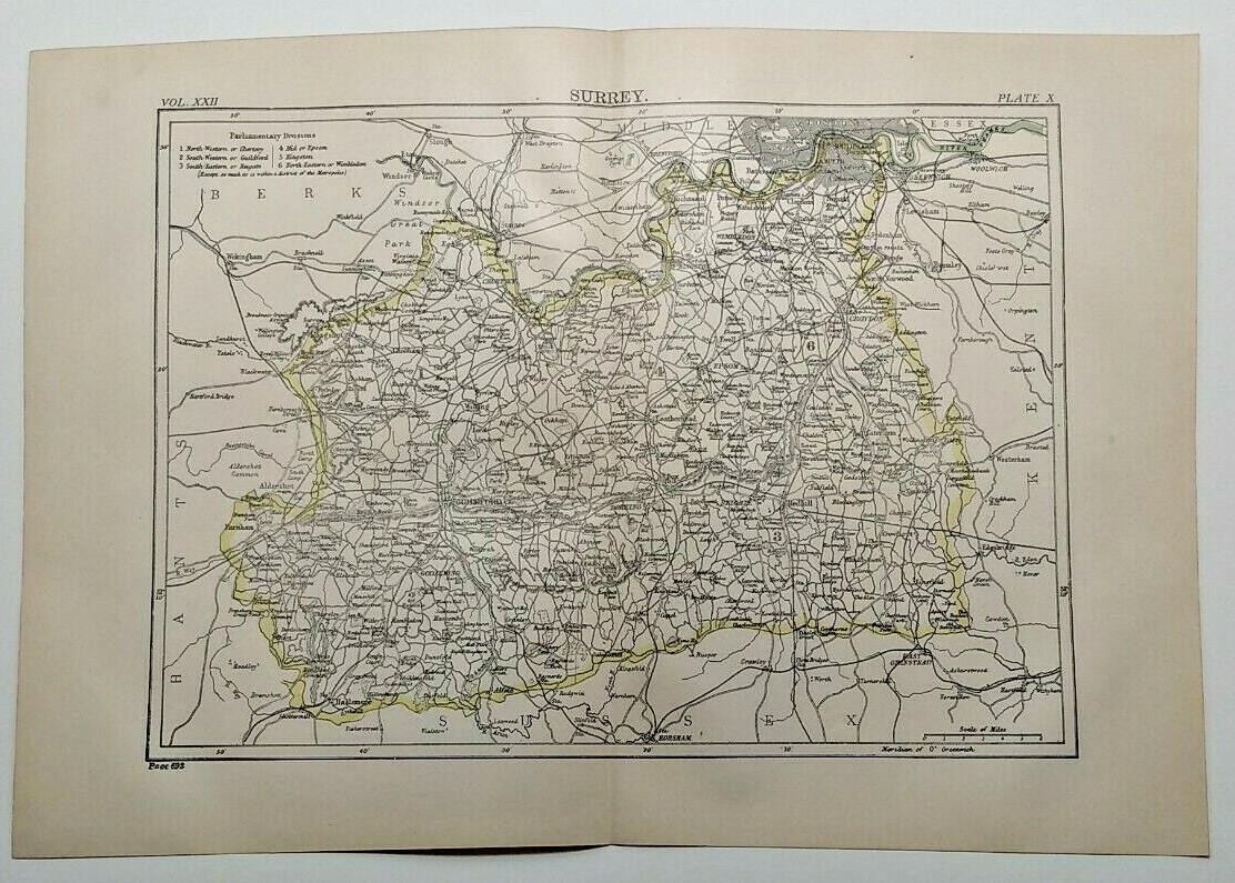 1894 Vintage SURREY, UK Atlas Map Old Authentic Antique Encyclopedia Britannica