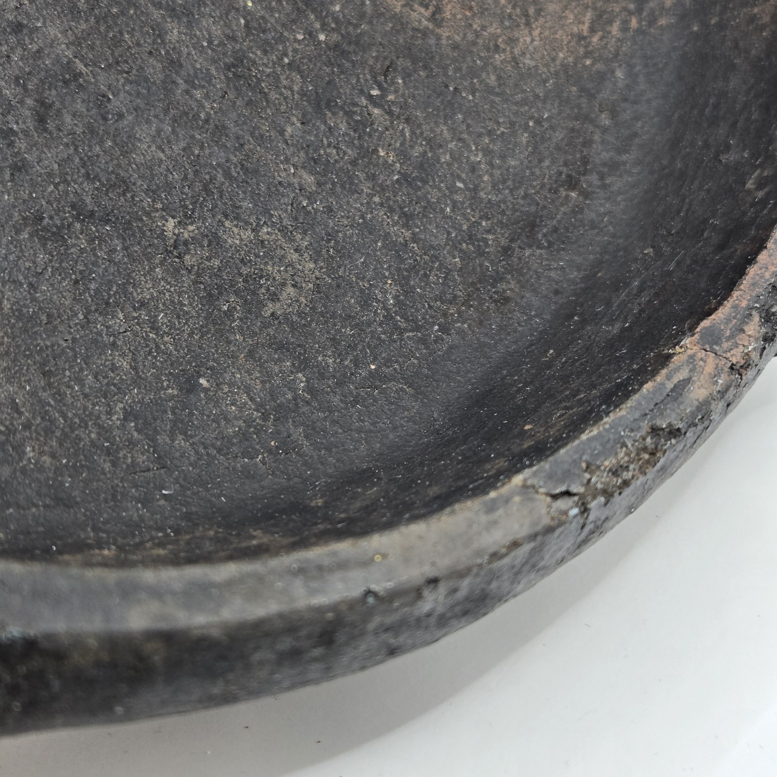 Antique Stoneware Black Red Clay Bowl/Plate Saucer W Patina Heavy Rustic 10″D