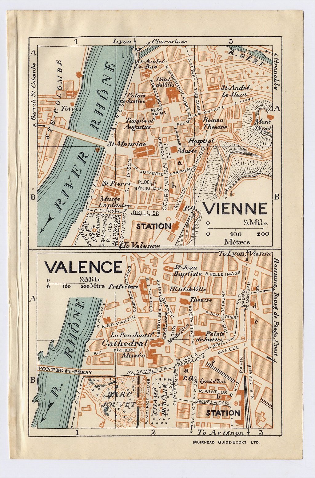 1926 ORIGINAL VINTAGE CITY MAP OF VIENNE AND VALENCE / RHONE-ALPES / FRANCE