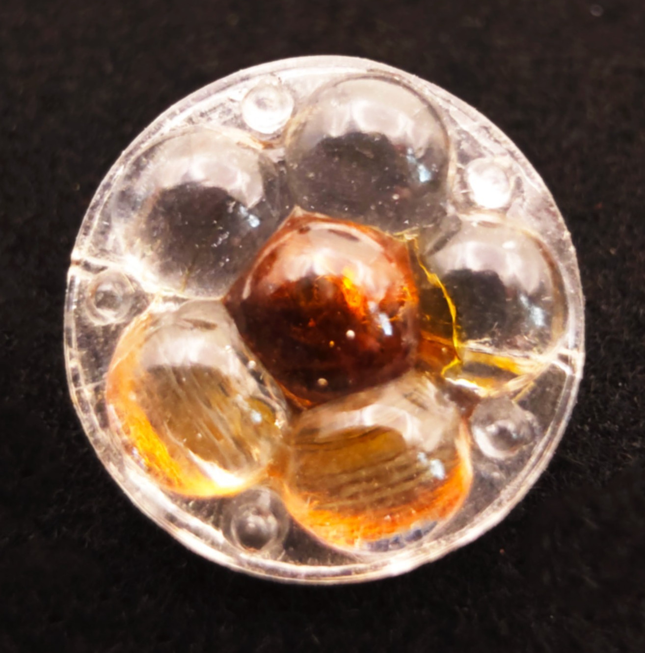 Antique Dark Amber Radiant Reflector Glass Swirlback Charmstring Button ~ 9/16″